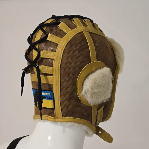 Brown and Yellow Aviator Hat with Fur Trim - Picture 3 of 6